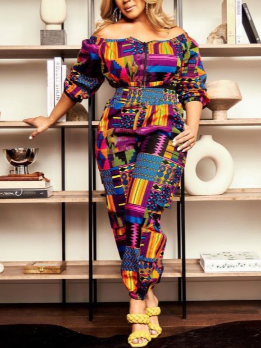

LW BASICS Plus Size Off The Shoulder Geometric Print Two-piece Pants Set, Purple