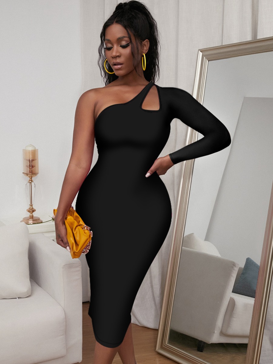 

LW One Shoulder Hollow-out Bodycon Dress, Black