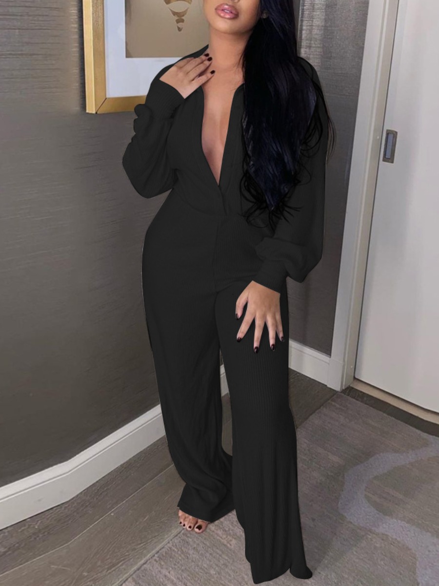 

Lovely Rib-Knit Wide Leg Jumpsuit, Black