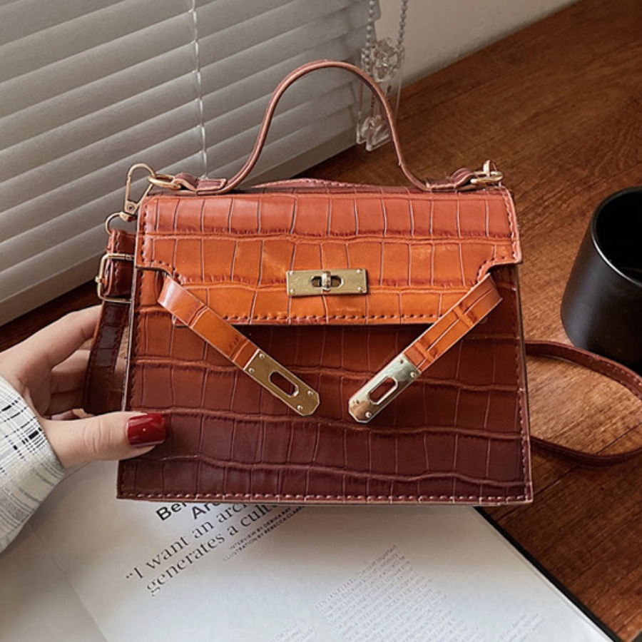 

Lovely Embossed Metallic Lock Crossbody Bag, Brown