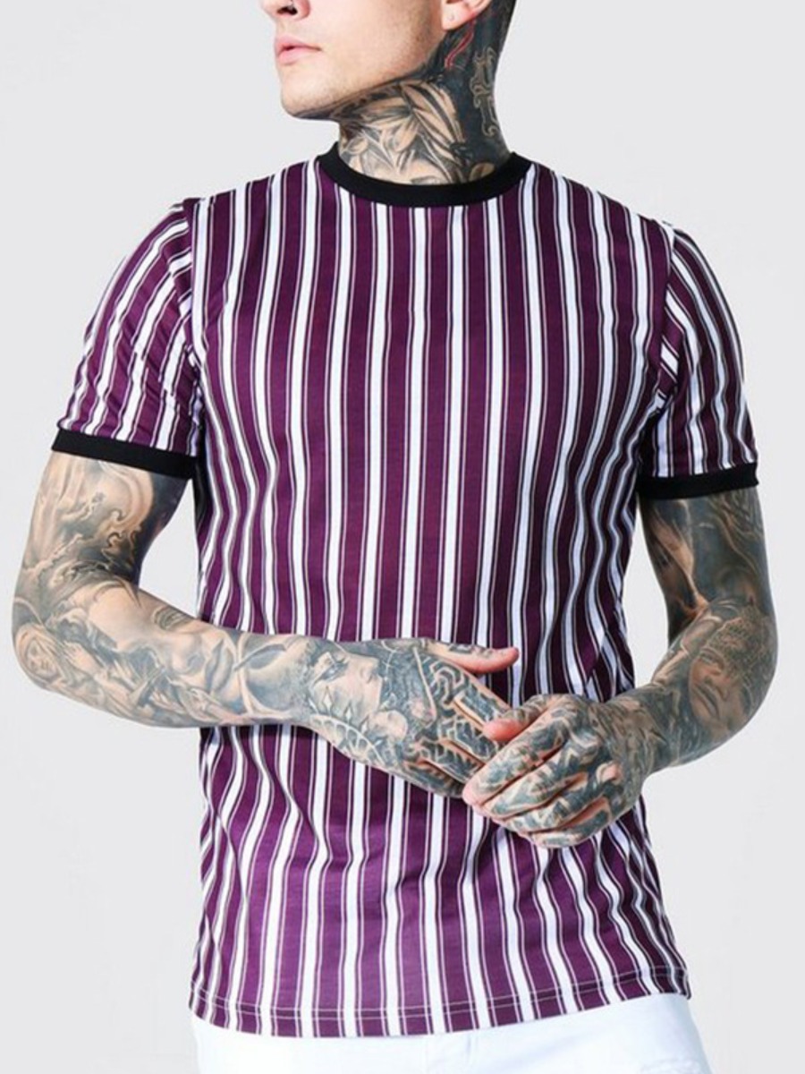 

Lovely Men Round Neck Striped T-shirt, Wine red