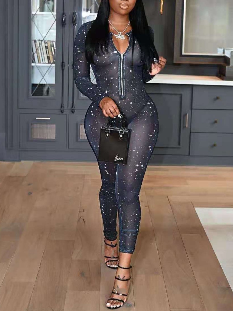 

Lovely Starry Sky Print See-through Jumpsuit, Black