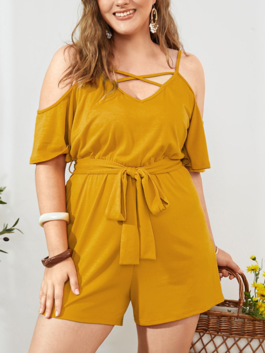 

LW Plus Size Hollow-out Bandage Design Romper, Yellow
