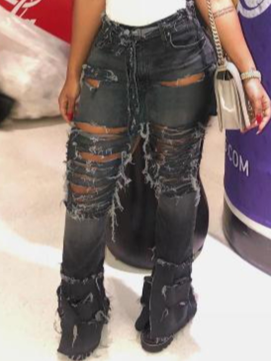 

LW High-waisted Ripped Jeans, Black