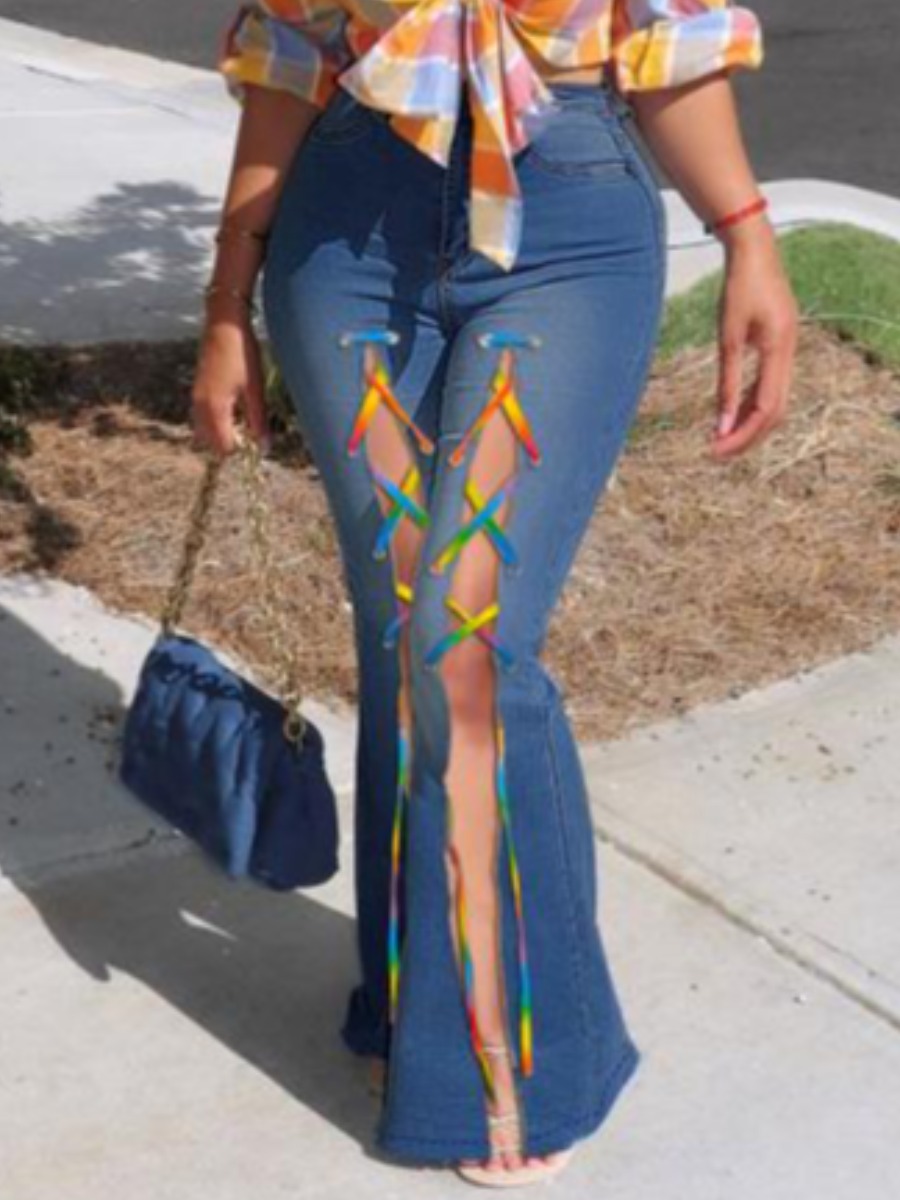 

LW Bandage Design Split Flared Jeans, Blue