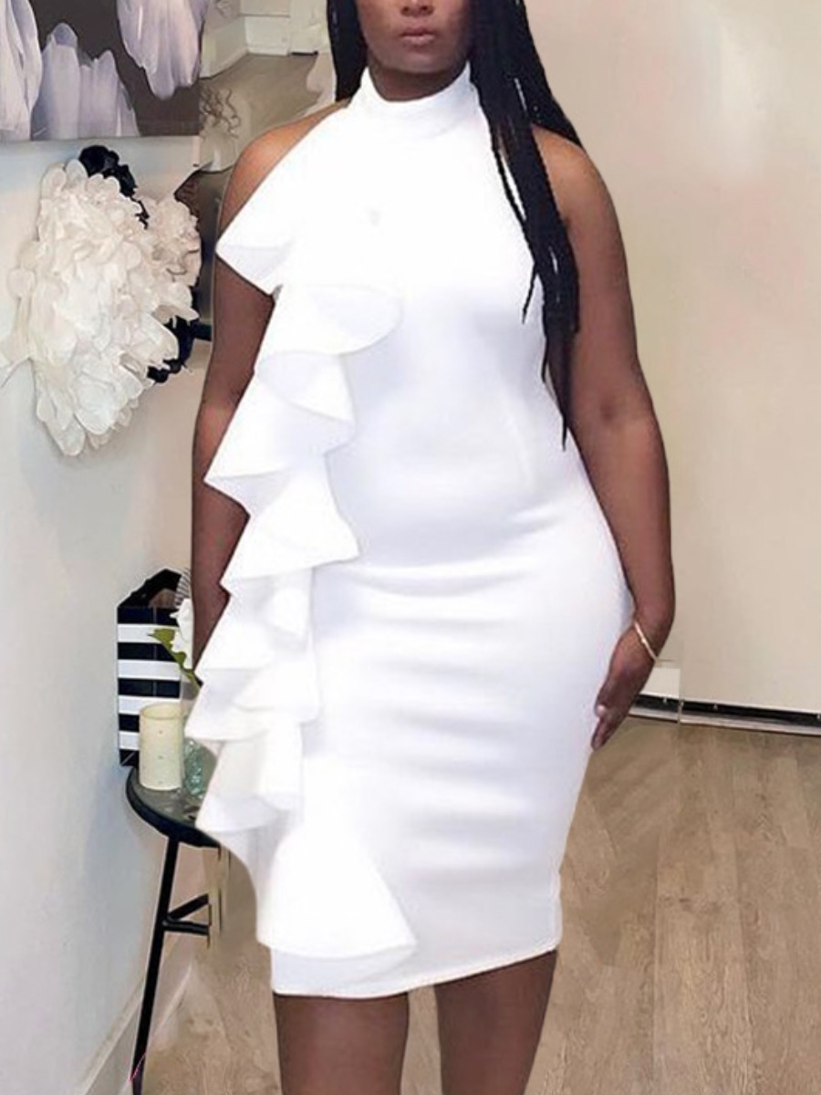 

Lovely Plus Size Flounce Design Backless Bodycon Dress, White