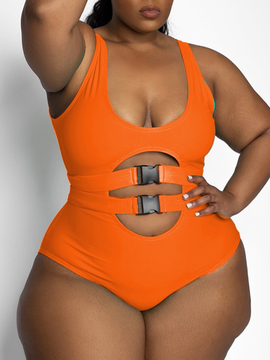 

LW Plus Size Hollow-out Buckle Design Bodysuit, Orange