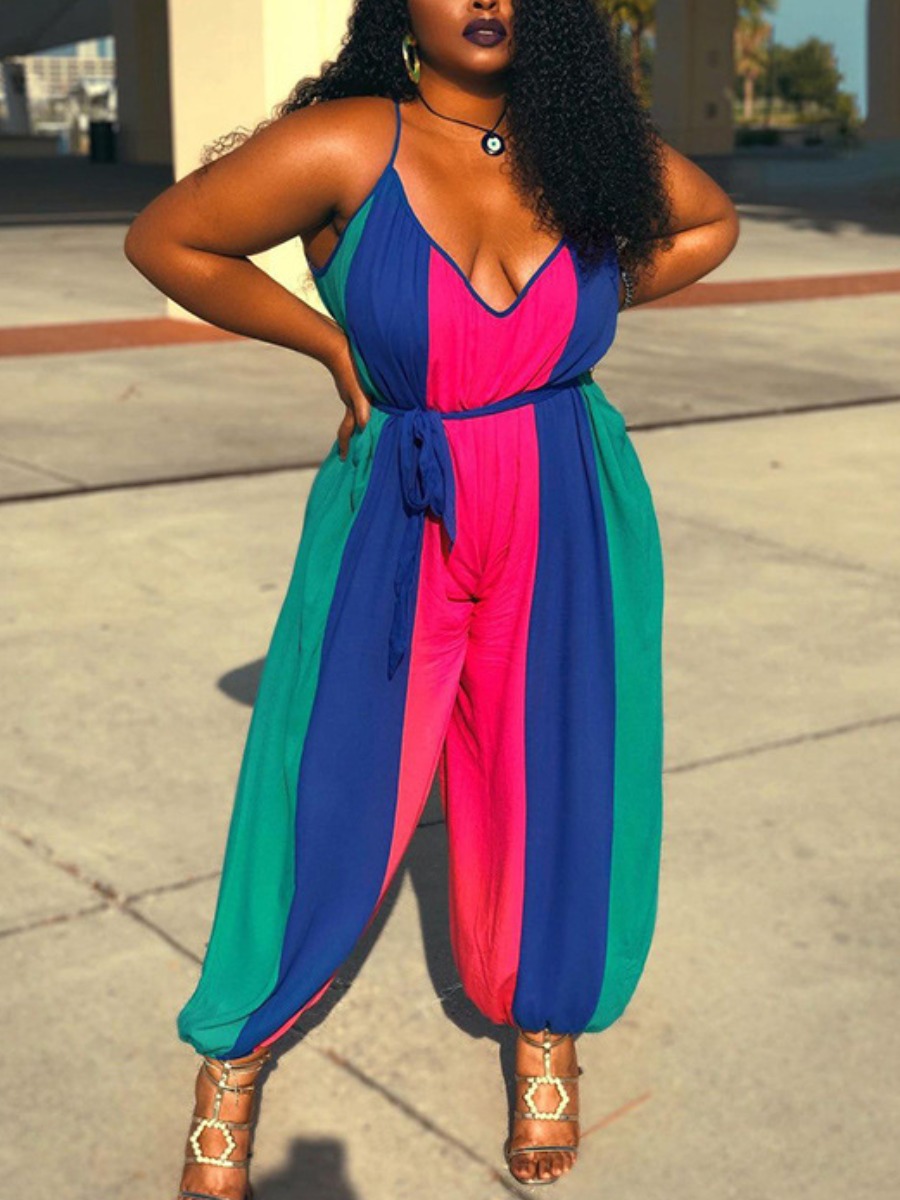 

LW Plus Size Color-lump Wide Leg Cami Jumpsuit, Rose red