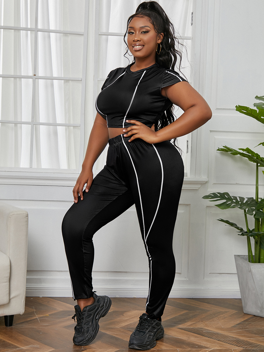 LW BASICS Plus Size Sporty Round Neck Striped Black Two-piece Pants Set