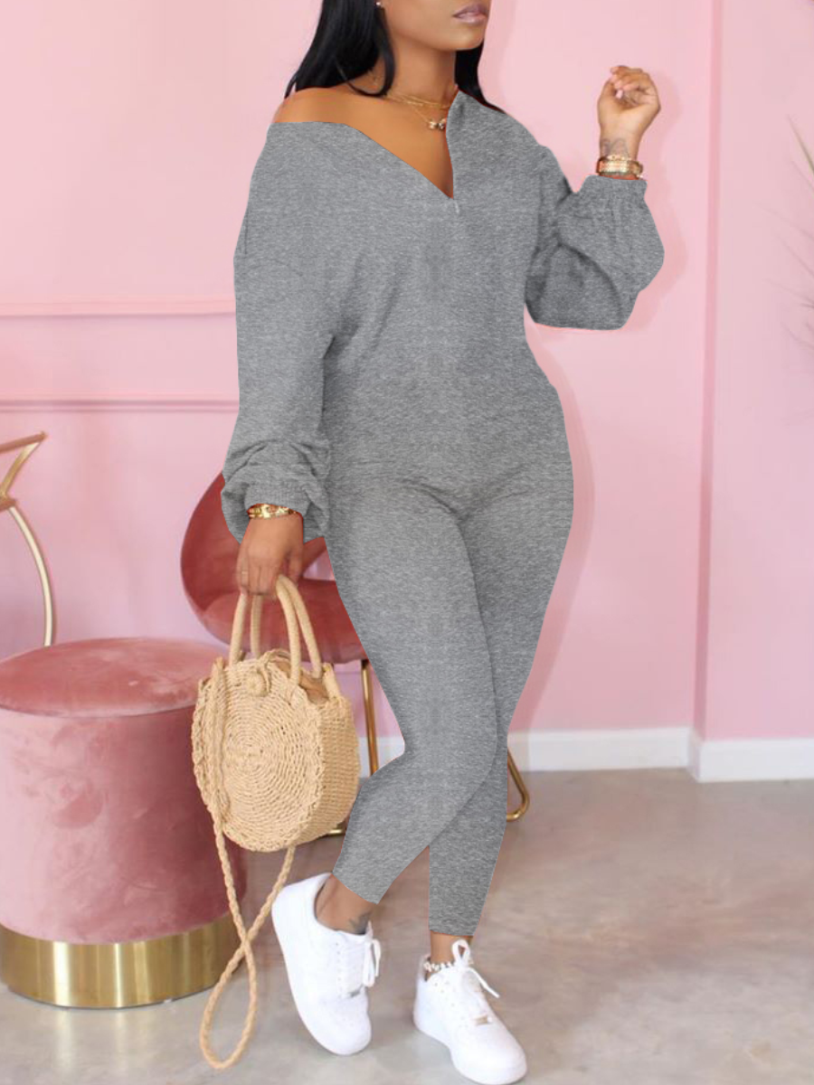 

Lovely Zipper Design Grey Jumpsuit