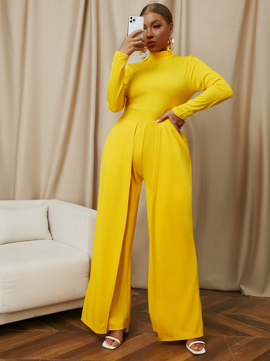 

Lovely Half A Turtleneck Wide Leg One-piece Jumpsuit, Yellow