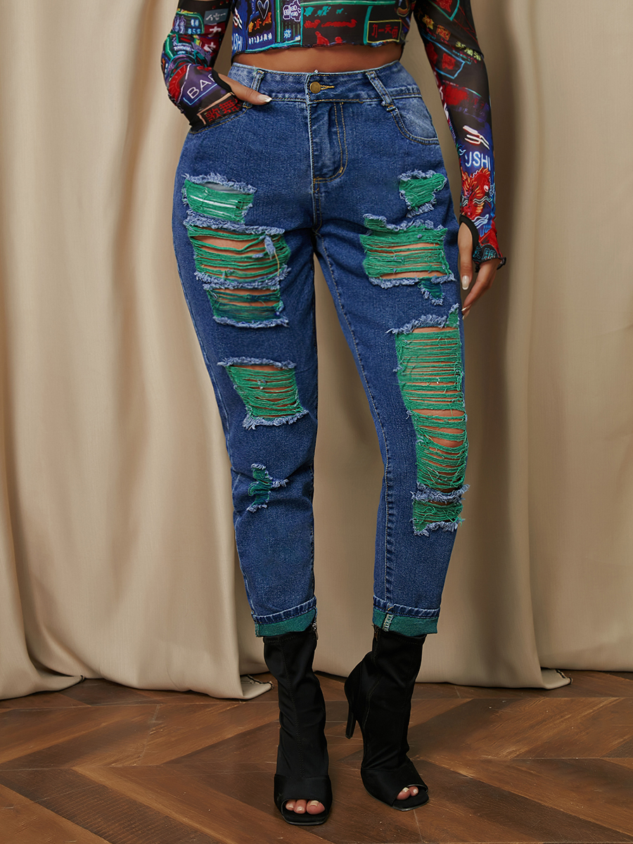 

LW Mid Waist Ripped Jeans, Deep blue