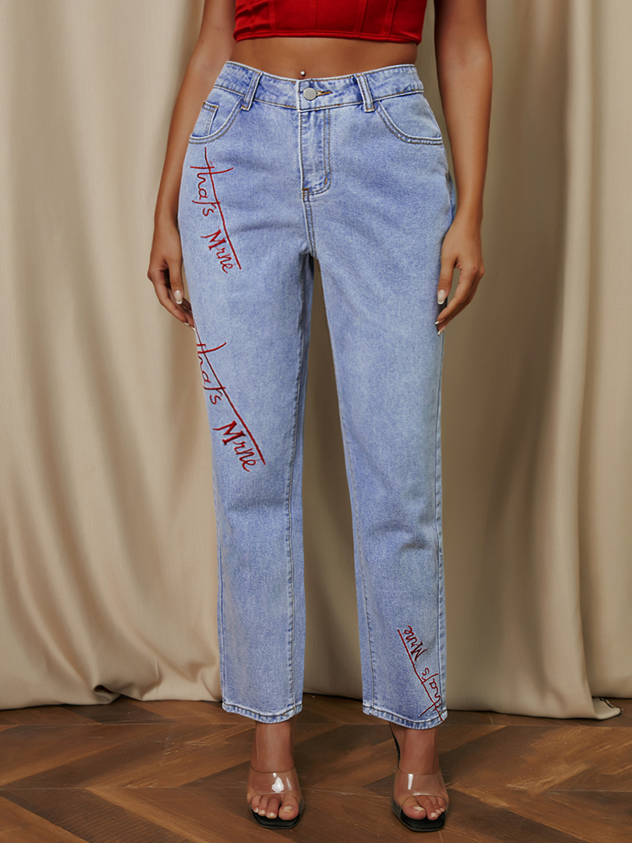 

LW Mid Waist Letter Print Jeans, Baby blue