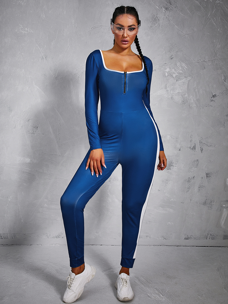 LW Sportswear Patchwork Zipper Design Blue One-piece Jumpsuit от Lovelywholesale WW
