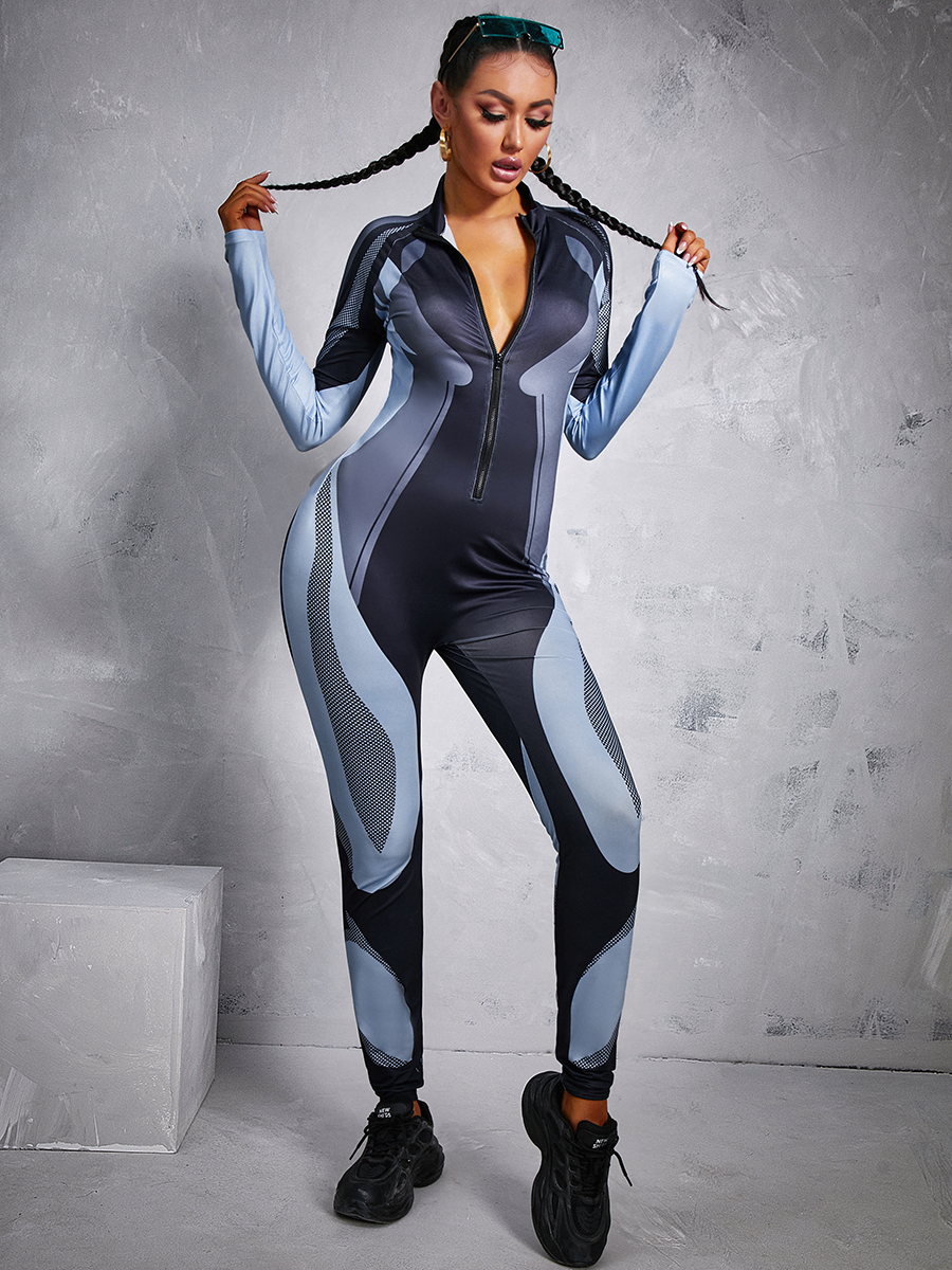 

LW Sportswear Zipper Design Patchwork Black Grey One-piece Jumpsuit, Grey black