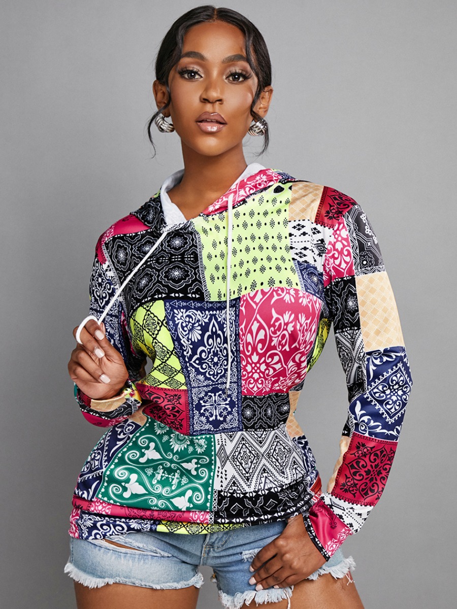 LW Hooded Collar Mixed Print Hoodie