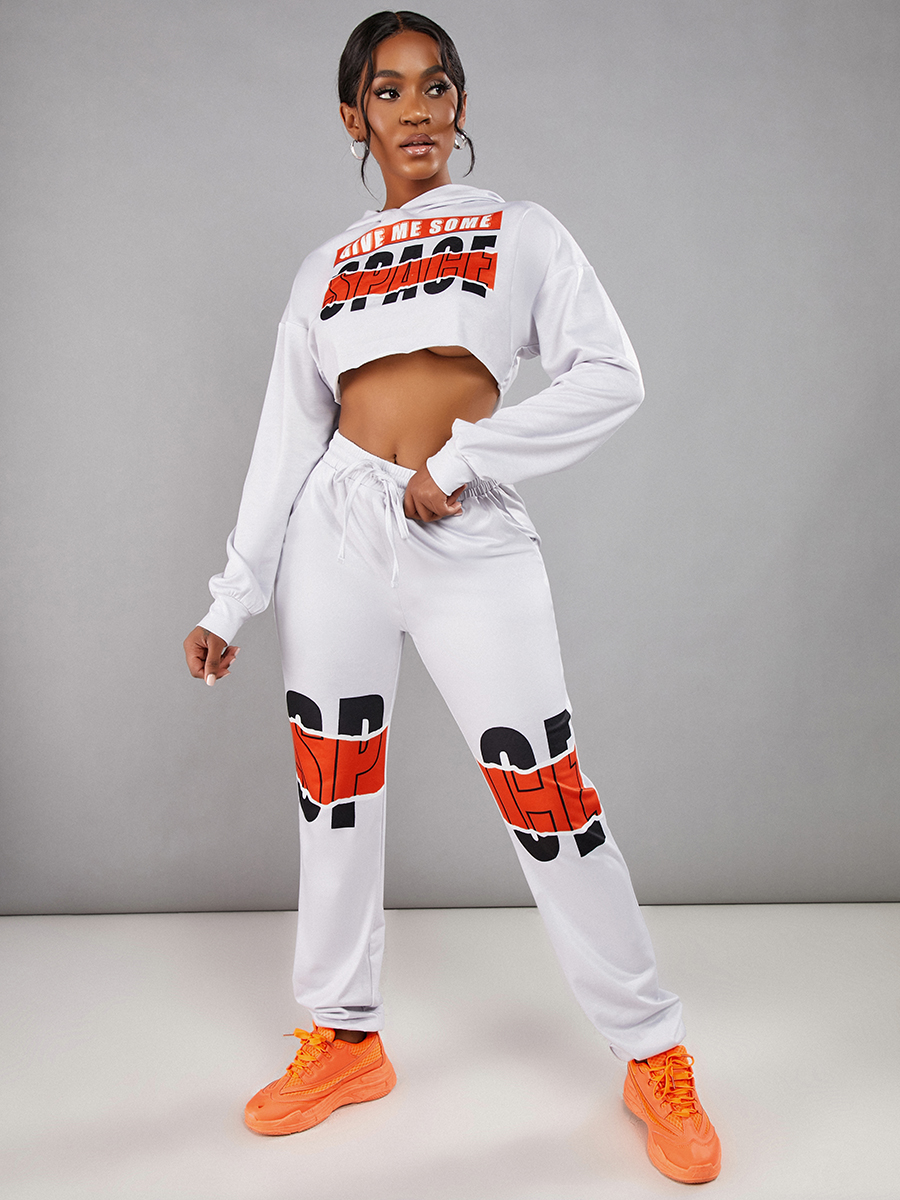 

LW Hooded Collar Print Crop Top Tracksuit Pants Set, Grey