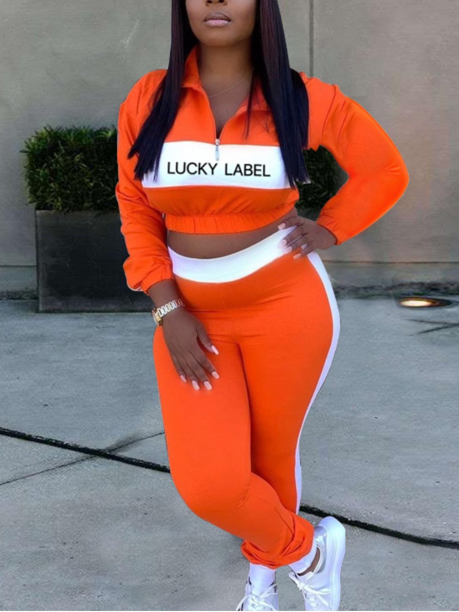 

LW Letter Print Striped Crop Top Sweatsuit Set, Orange