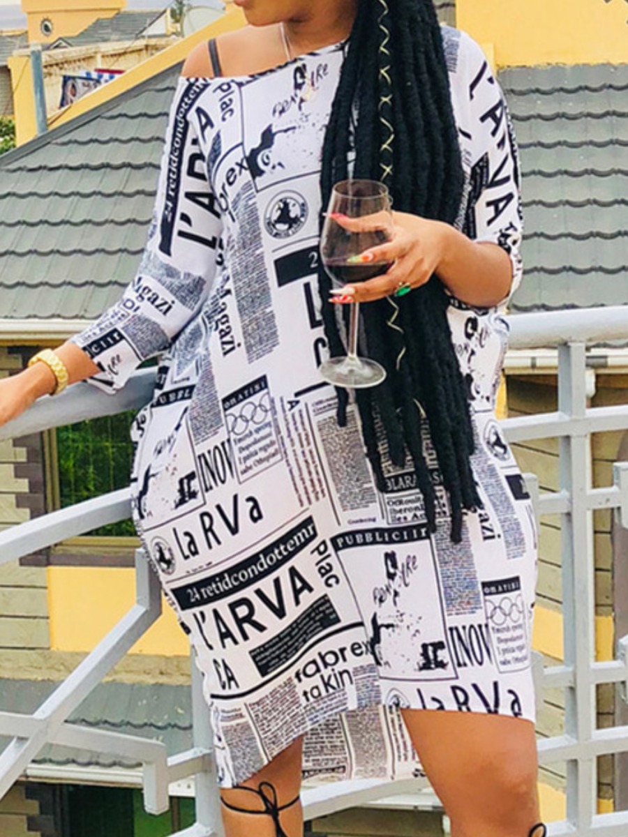 

LW BASICS Newspaper Letter Print Dress, White