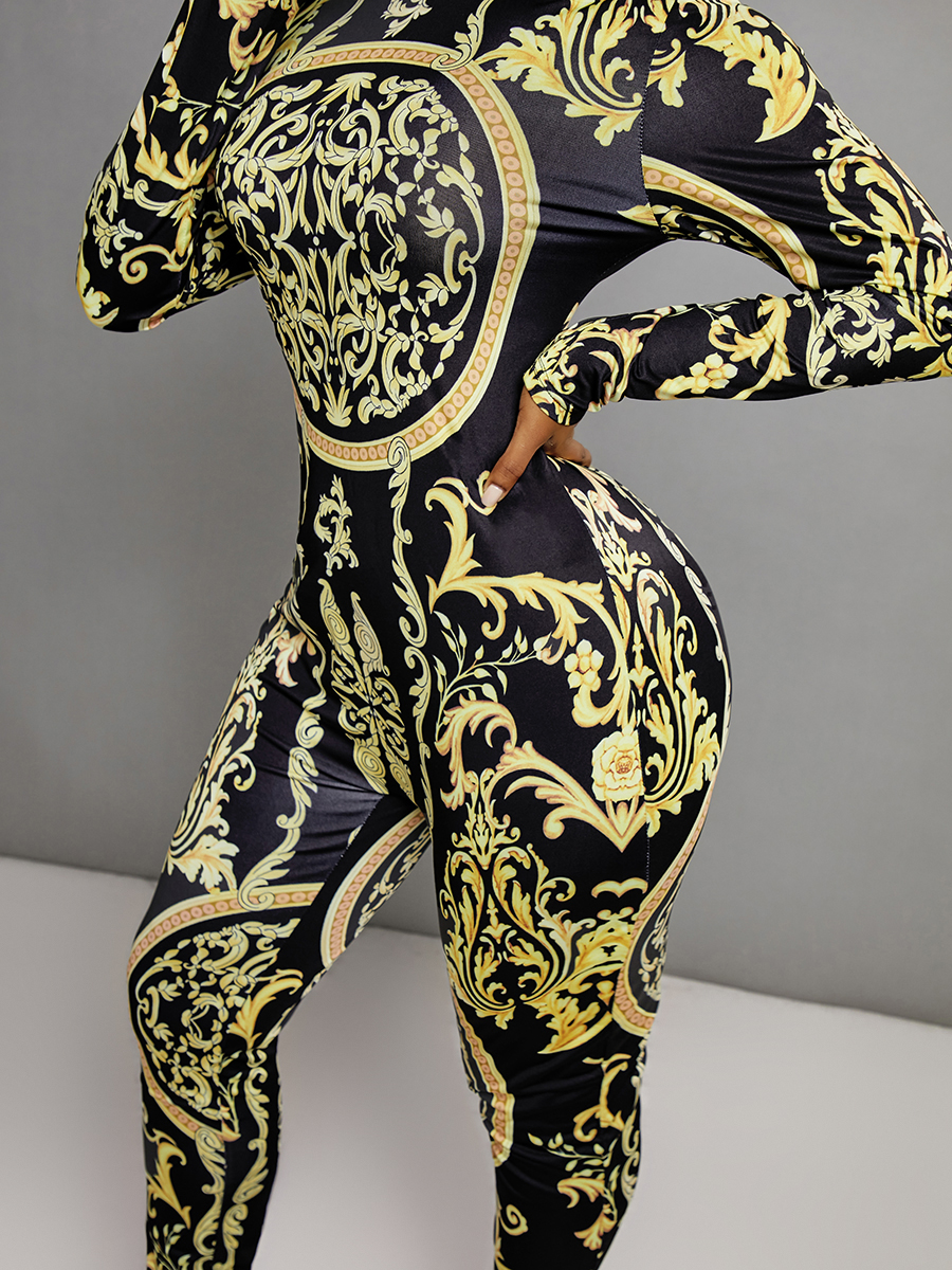 LW BASICS Trendy Versace Print Skinny Yellow One-piece Jumpsuit