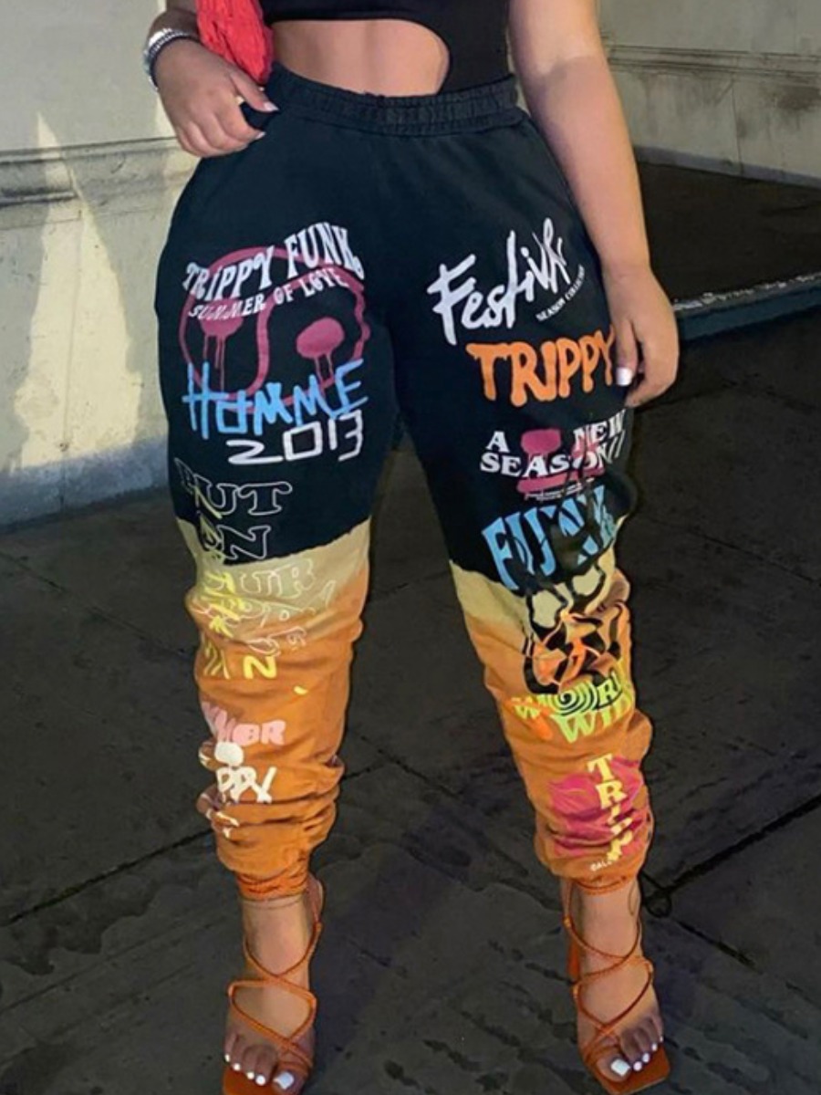 

LW Letter Graffiti Print Patchwork Pants, Black