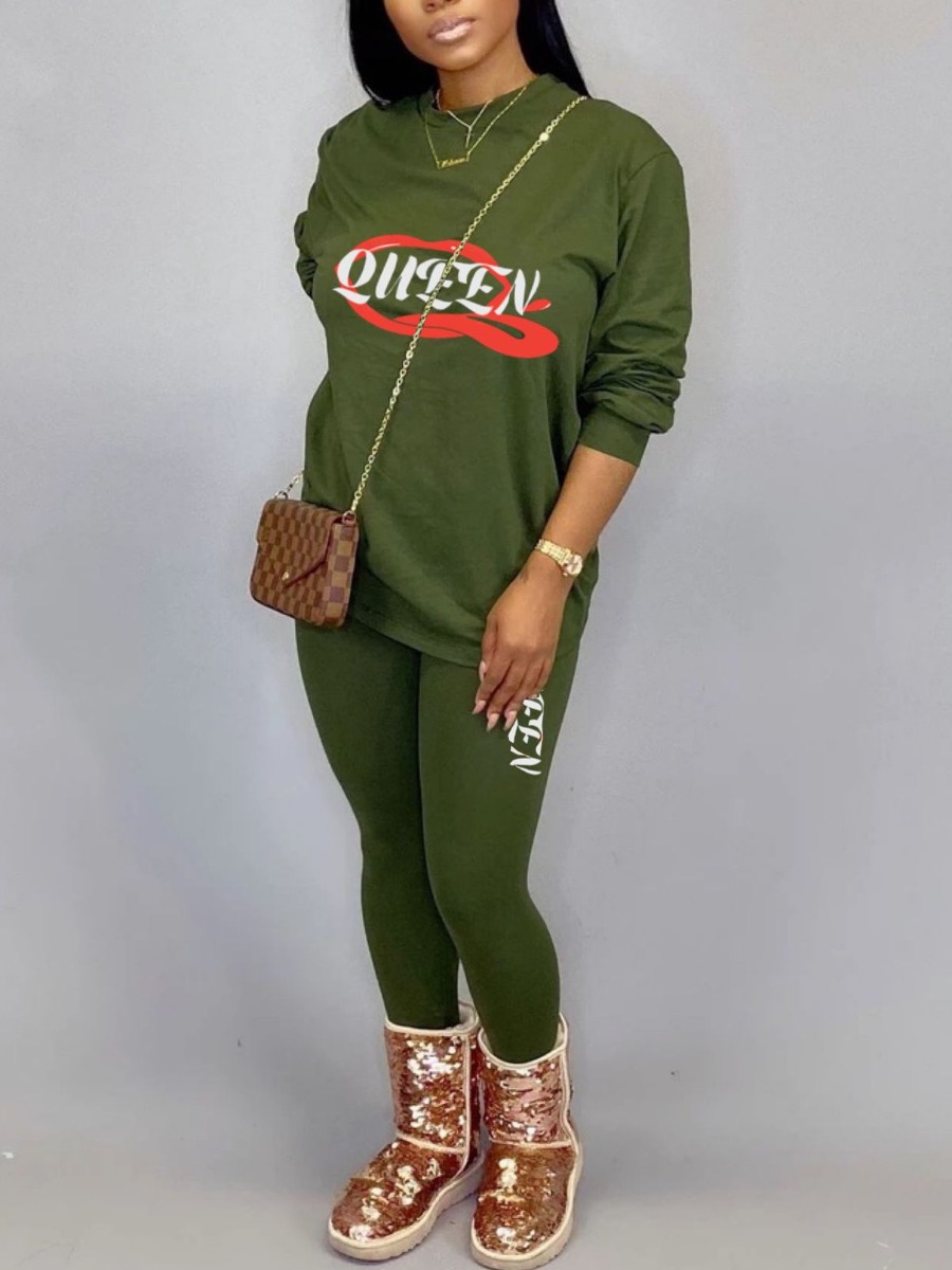 

LW Letter Print Oversized Pants Set, Green