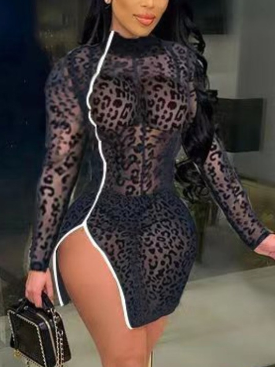 

LW Leopard Print ,,Zipper Design See-through Dress, Black