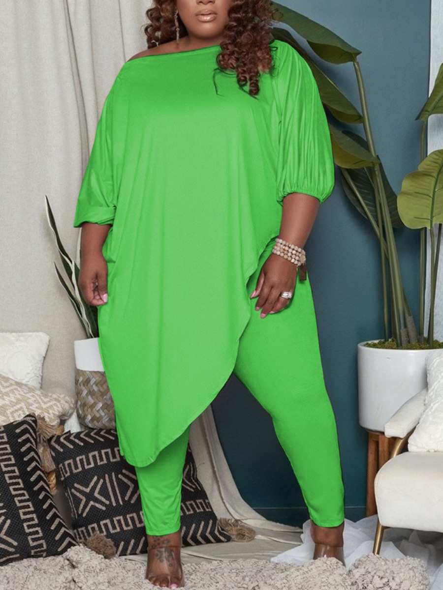 

LW COTTON Plus Size Material Series Asymmetrical Pants Set, Green