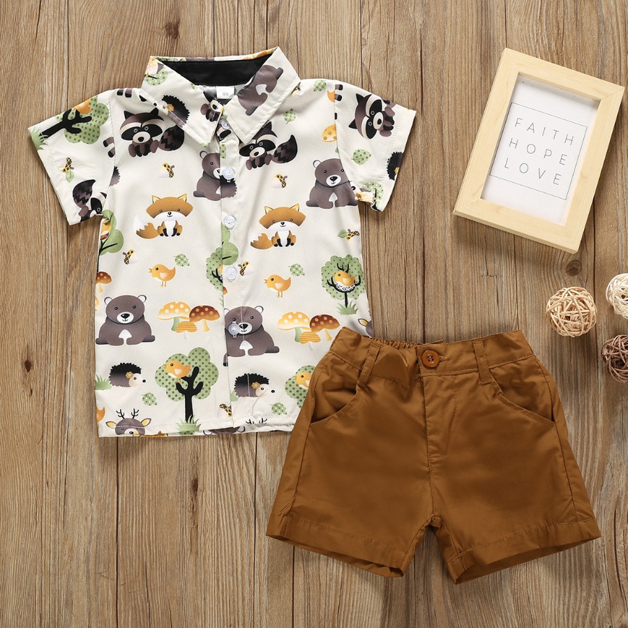 

LW Boy Cartoon Print Patchwork Shorts Set, Brown