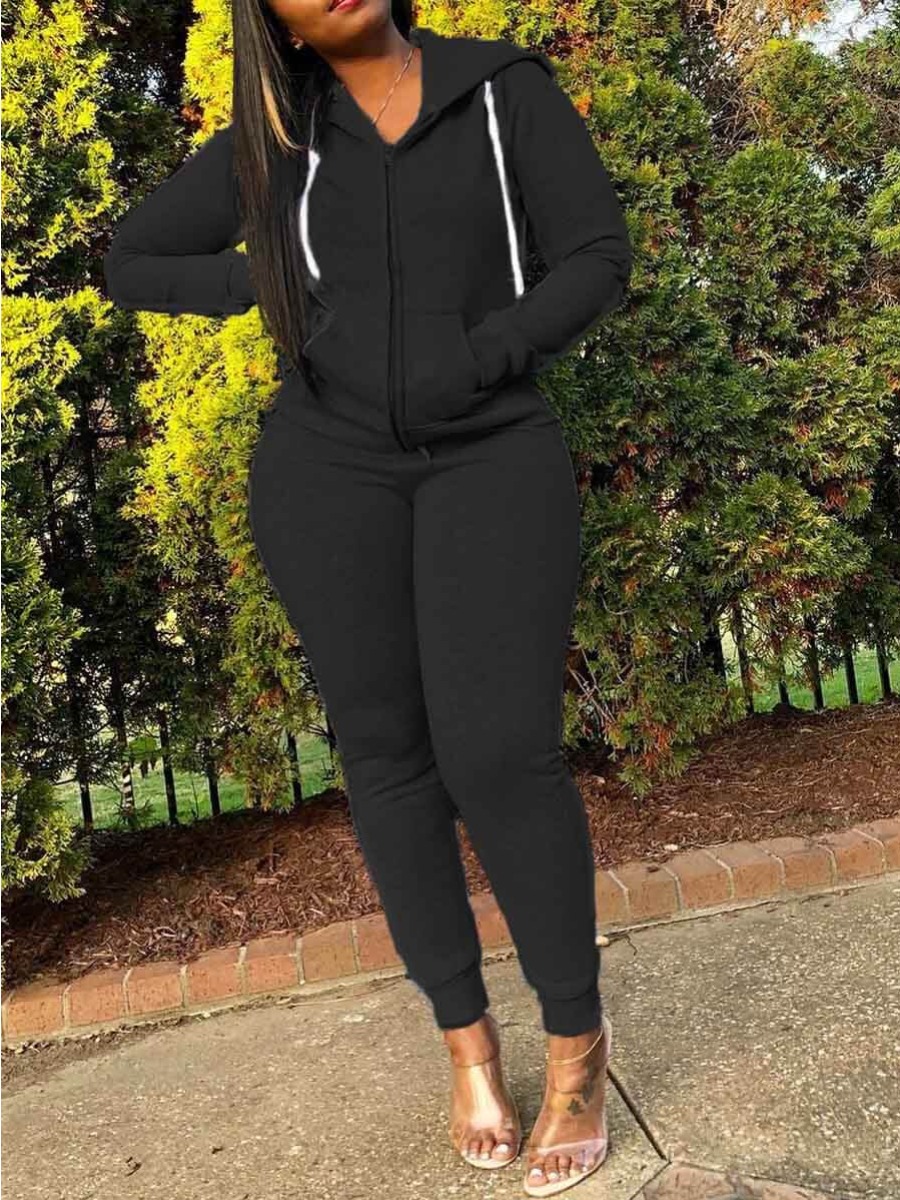 

LW Casual Hooded Collar Black Two Piece Pants Set