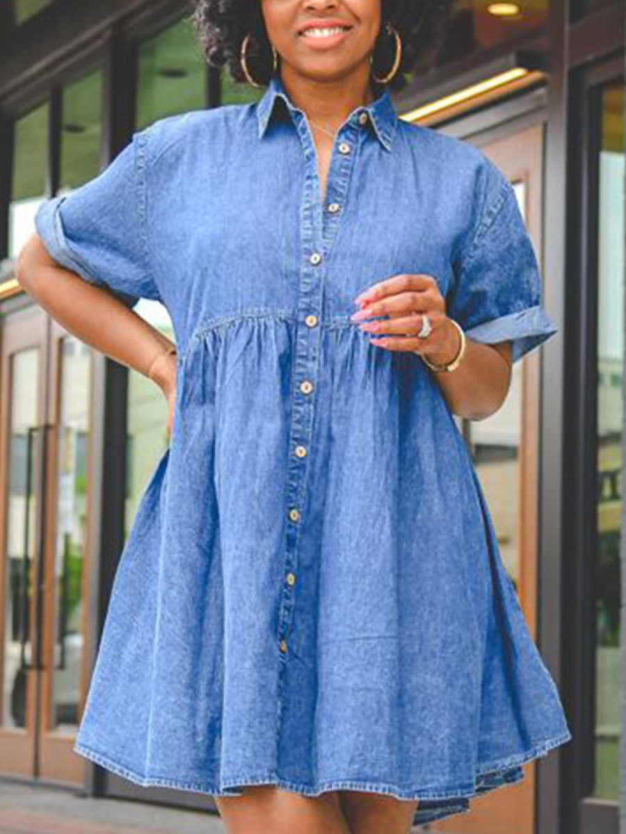 

LW Button Ruffle Design A Line Denim Dress, Blue