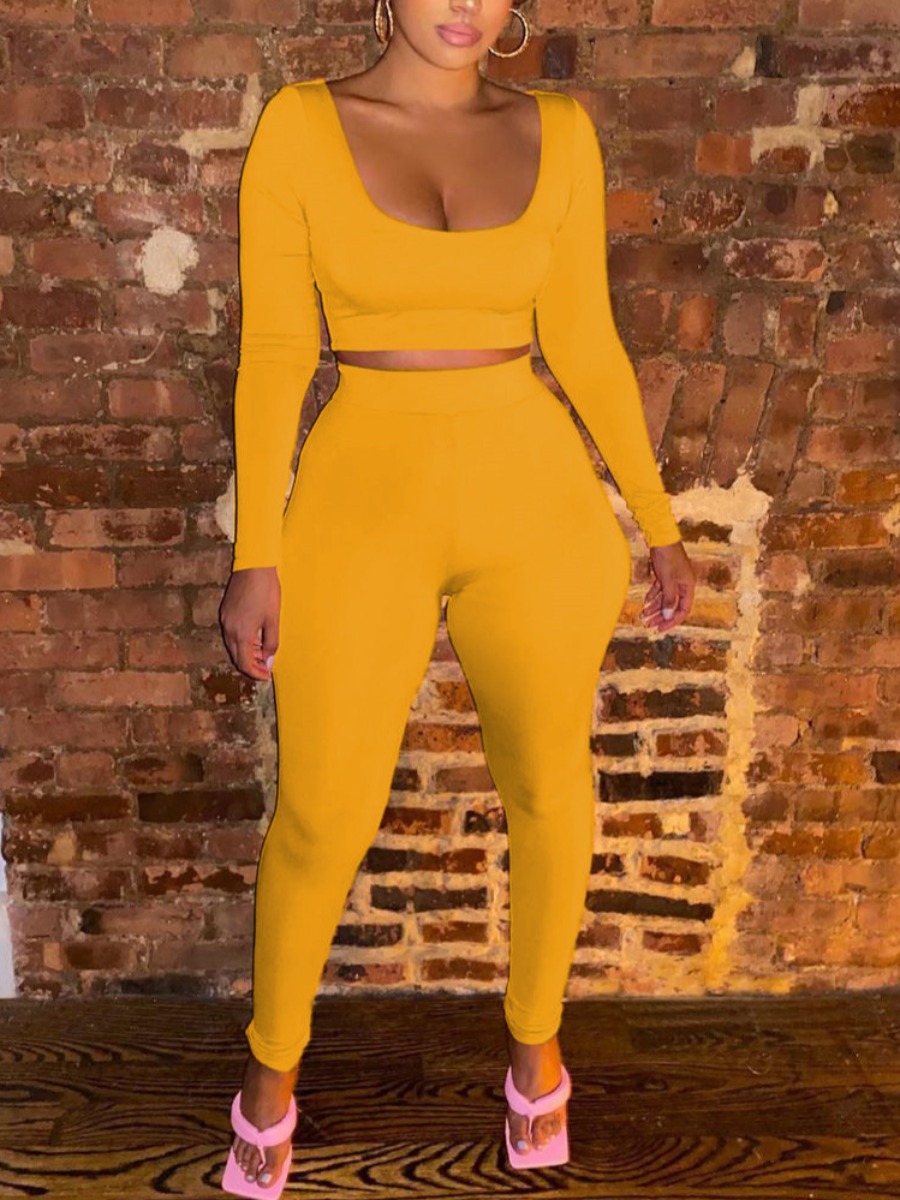 

LW BASICS U Neck High-waisted Pants Set, Yellow