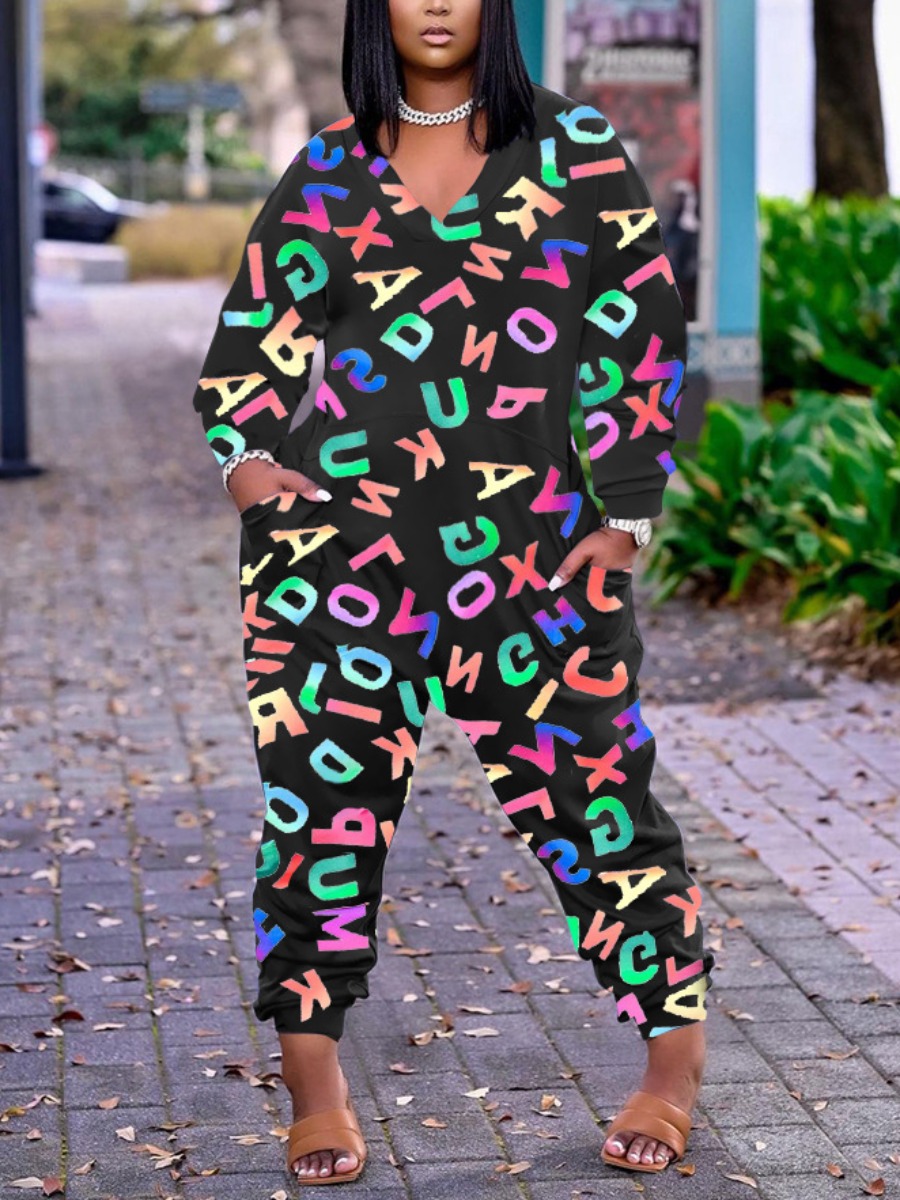 

LW Plus Size Letter Print Oversized Jumpsuit, Black