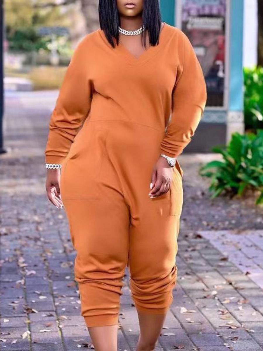 

Lovely Plus Size V Neck Pocket Design Jumpsuit, Croci