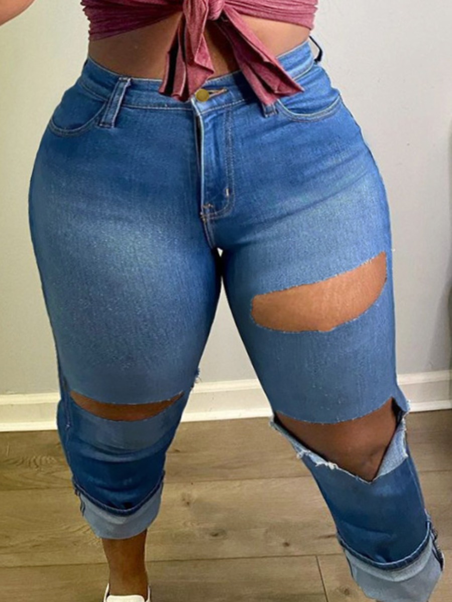 

LW Plus Size Mid Waist Ripped Jeans, Blue