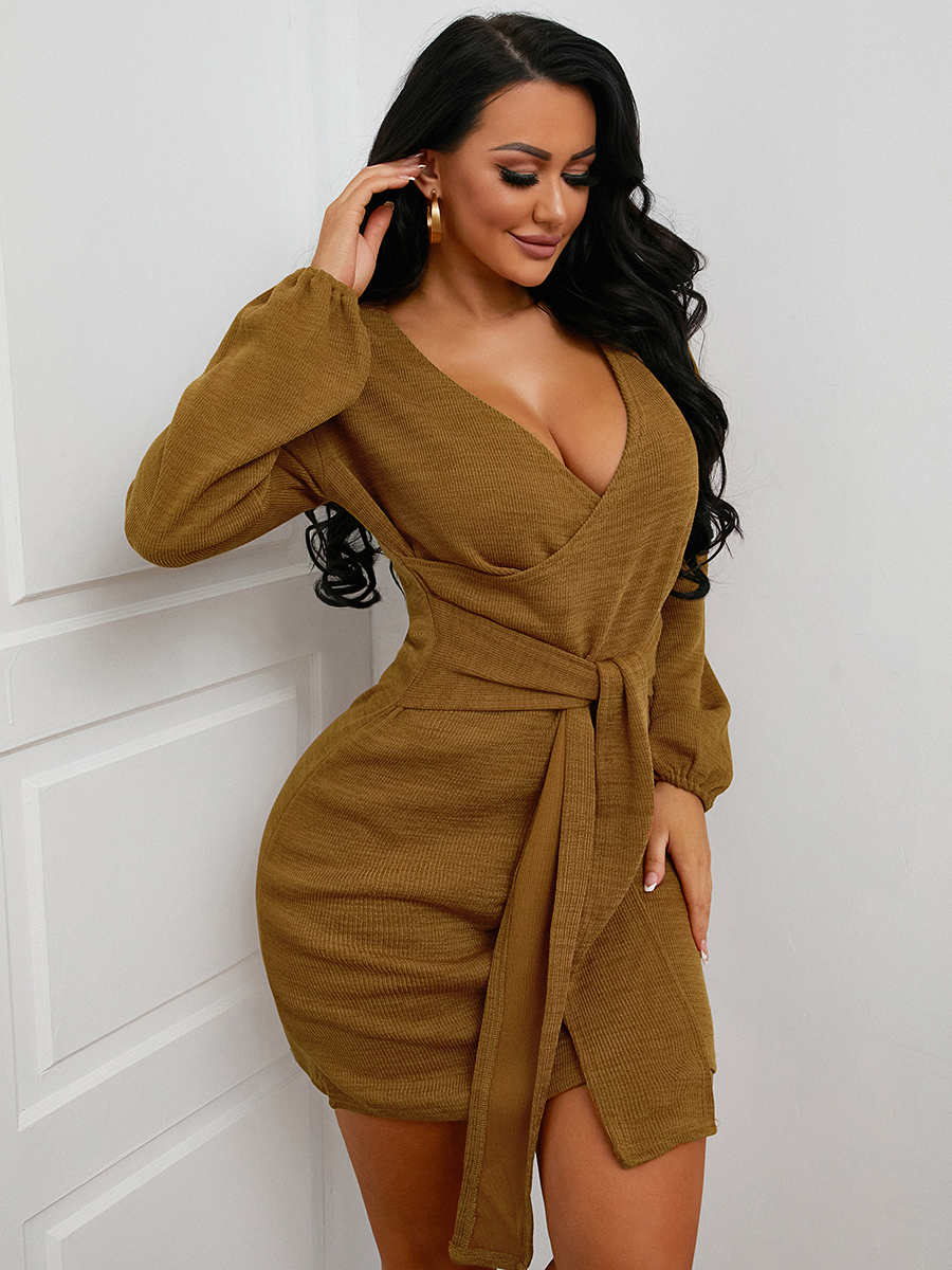 

LW Rib-Knit Bandage Design Dress, Brown
