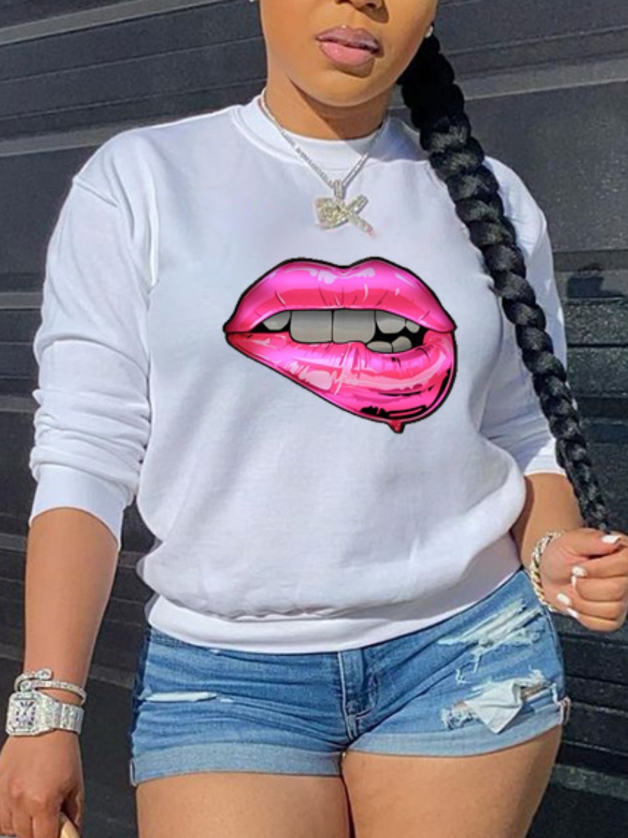 

LW Round Neck Lip Print Hoodie, White