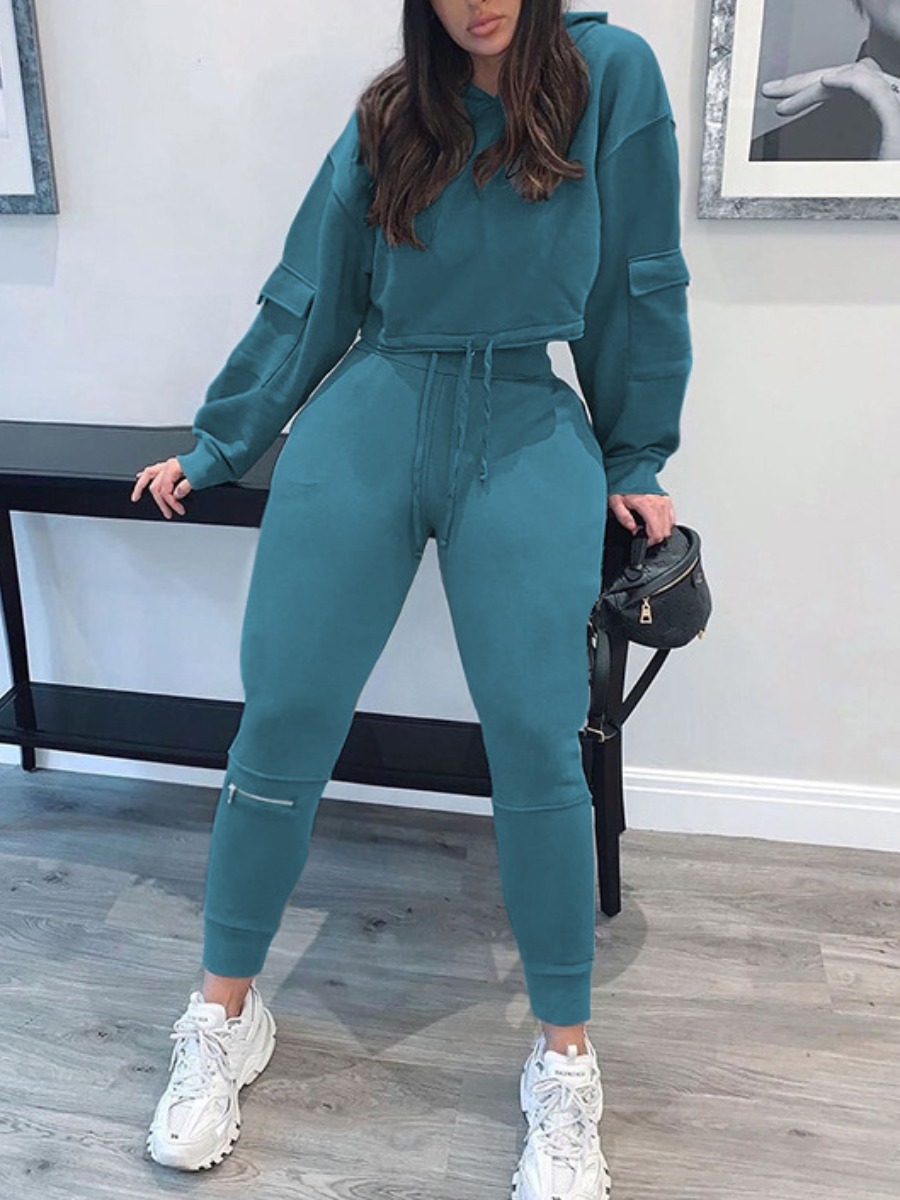 

Lovely Hooded Collar Pocket Design Crop Top Sweatsuit Set, Peacock blue