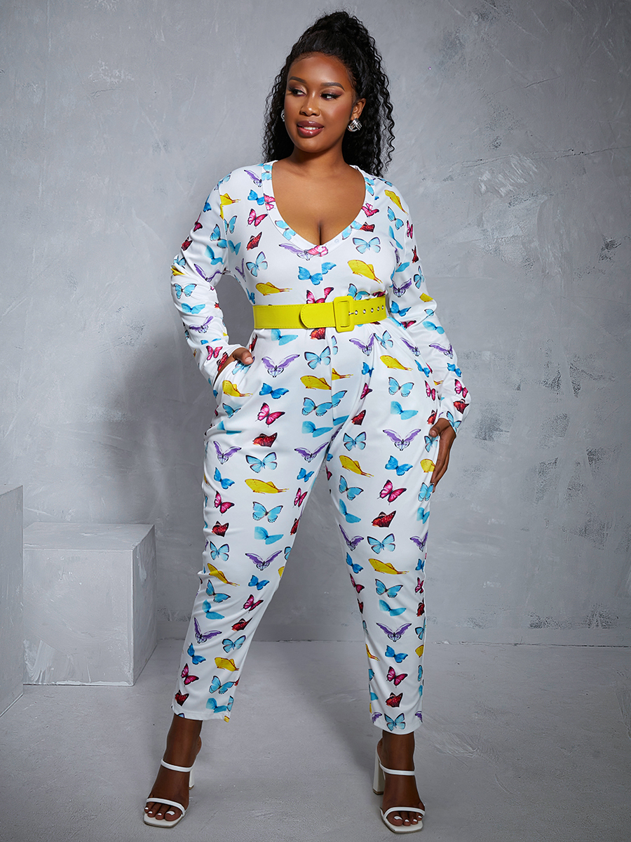 

LW Plus Size Butterfly Print Pocket Design Jumpsuit, White