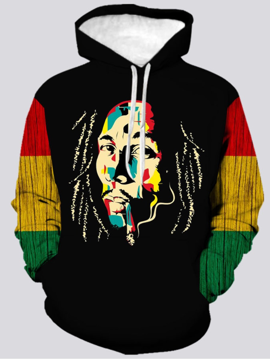 

LW Men Color-lump Figure Print Oversized Hoodie, Black