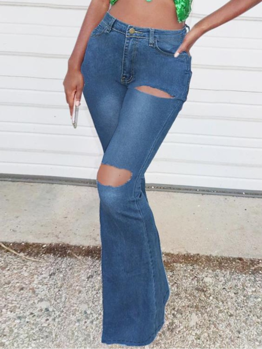 

LW High-waisted Ripped Flared Jeans, Blue