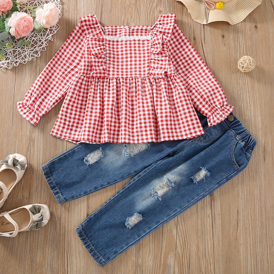

LW COTTON Girl Plaid Print Ruffle Design Ripped Pants Set, Red