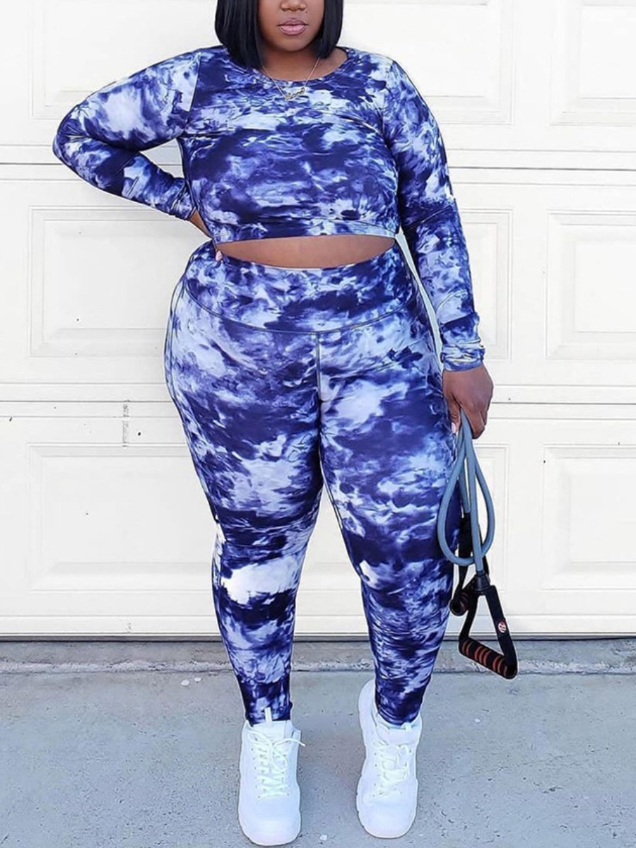 

LW Plus Size Tie-dye Hollow-out Pants Set, Blue