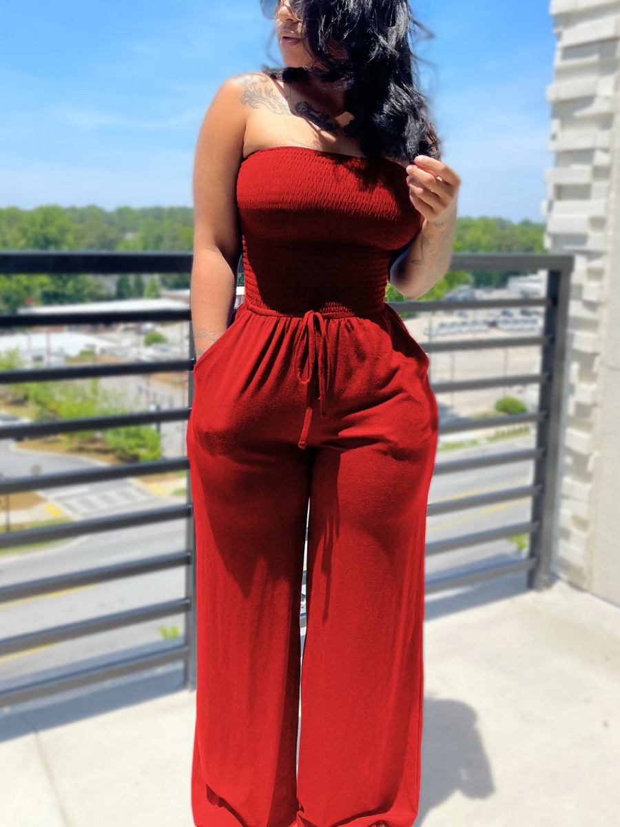 

LW Off The Shoulder Shirred Wide Leg Jumpsuit, Red