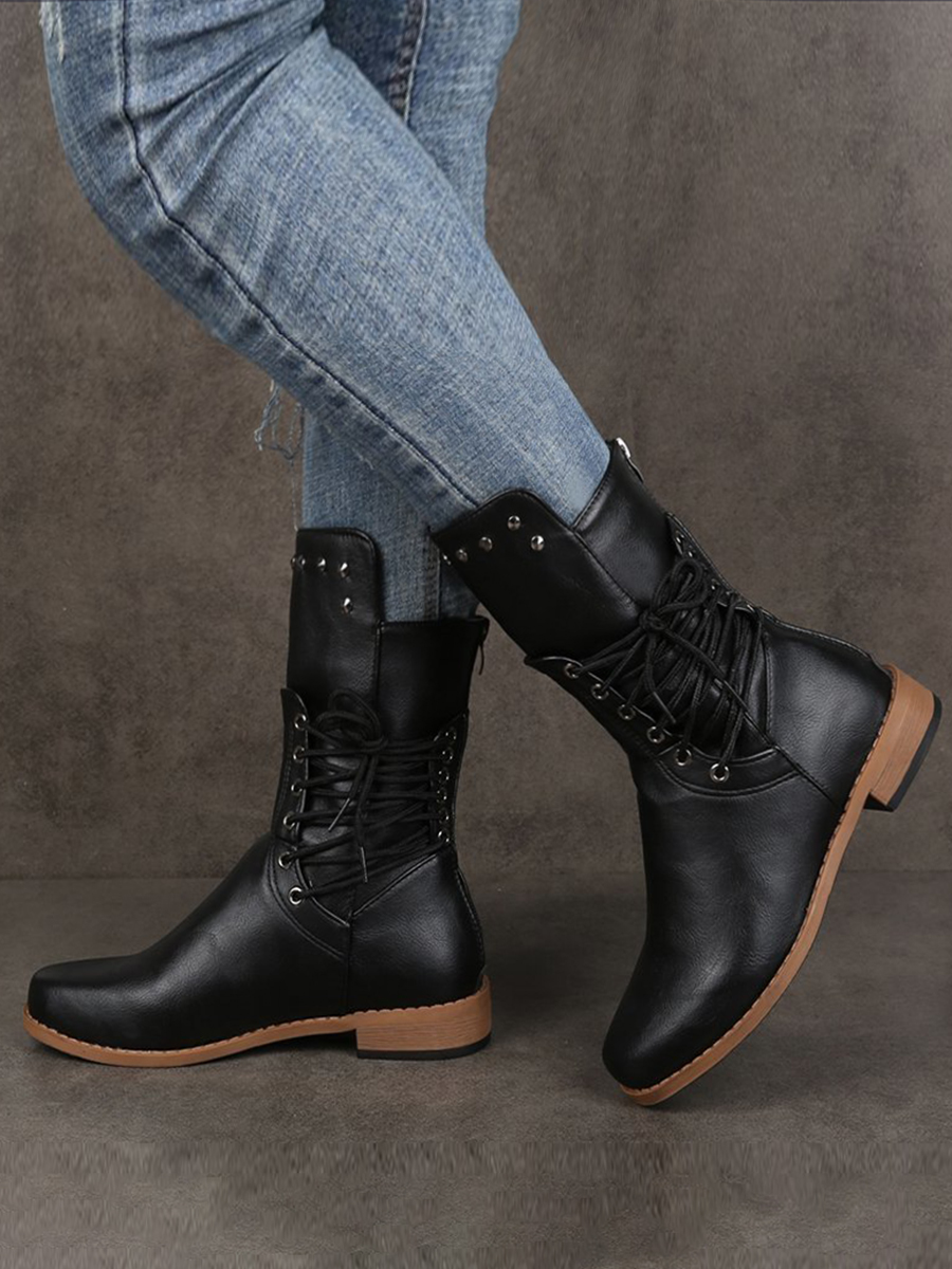 

LW Side Lace-up Rivet Decoration Booties, Black