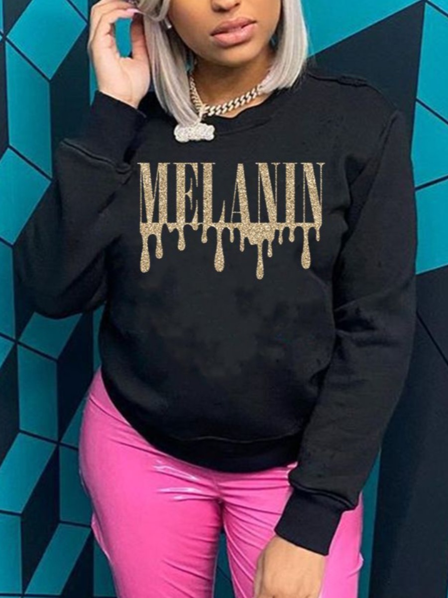 

LW Round Neck Print Letter Hoodie, Black