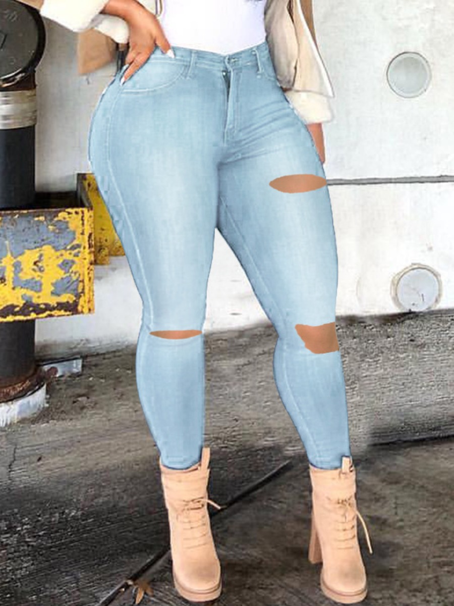 

LW Ripped High-waisted Jeans, Baby blue