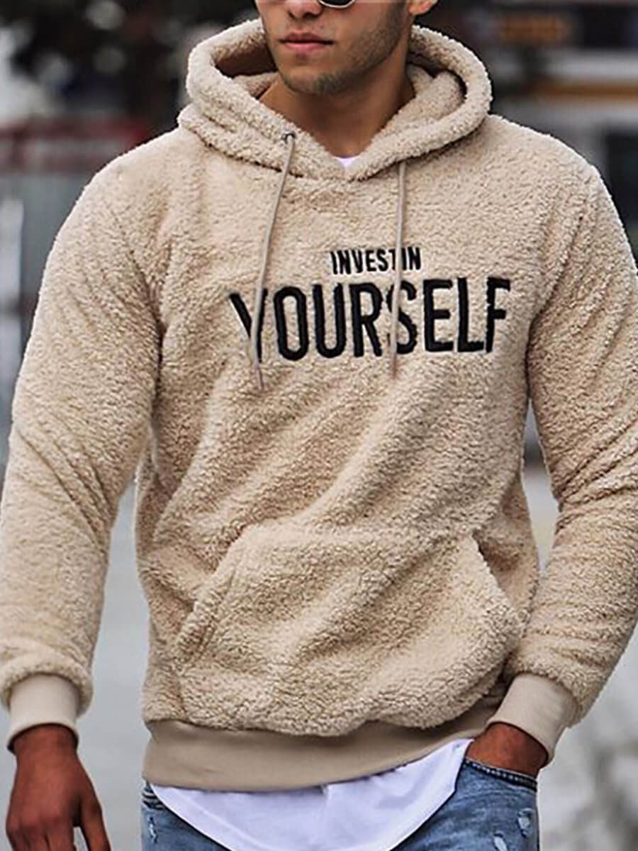 

LW Men Hooded Collar Letter Print Light Tan Hoodie