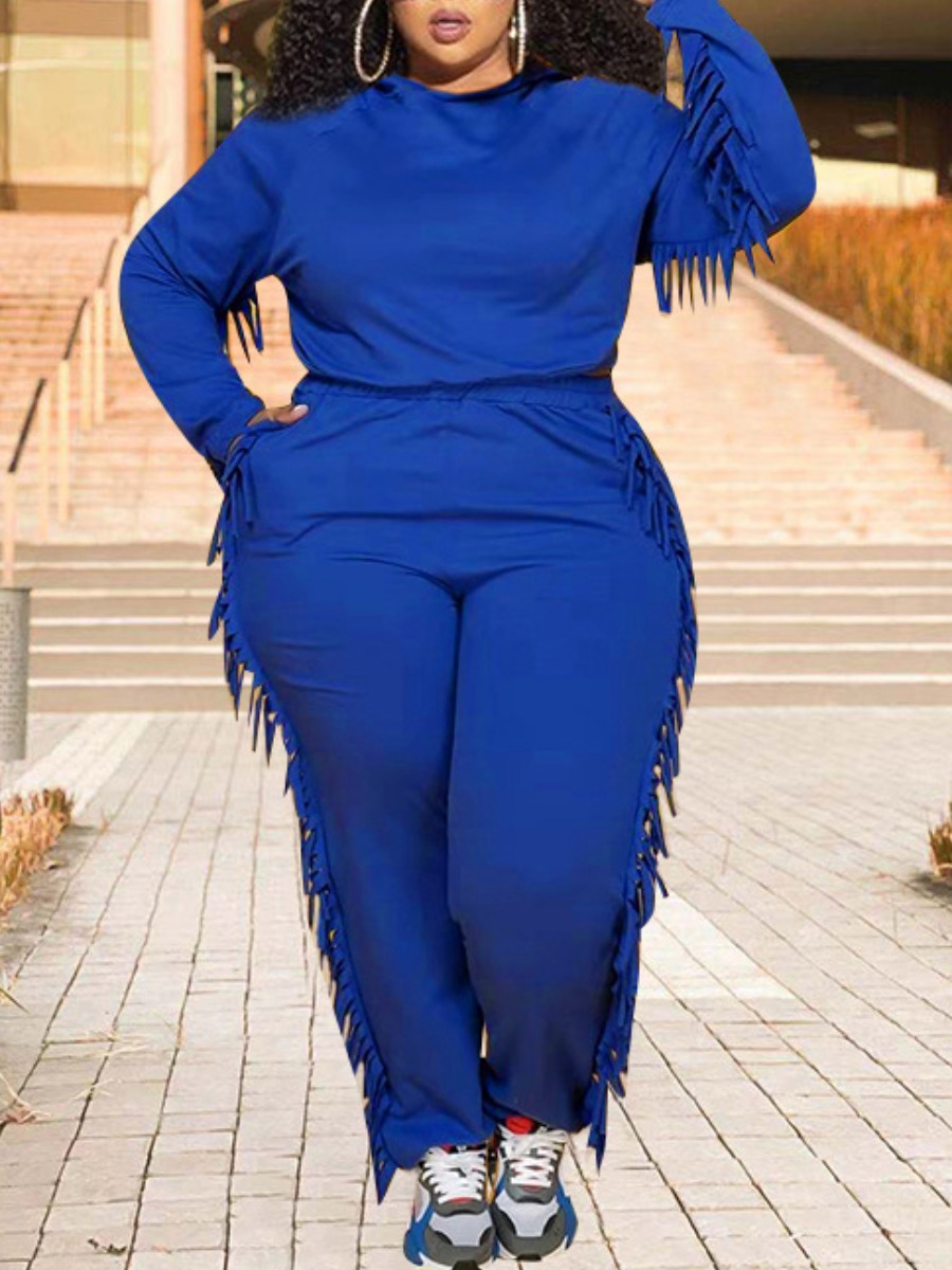 

LW Plus Size Round Neck Tassel Design Pants Set, Blue