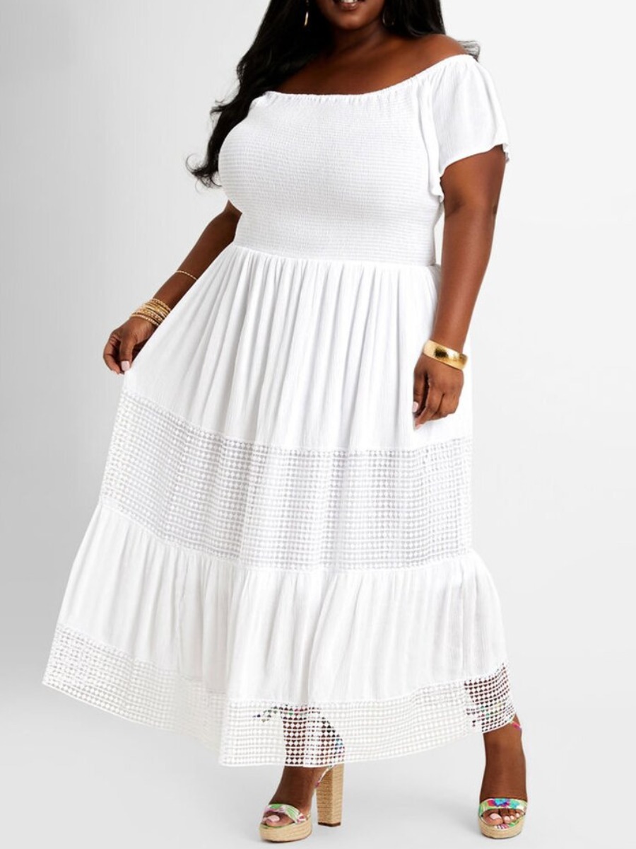 

LW BASICS Plus Size Off The Shoulder Mesh A Line Dress, White